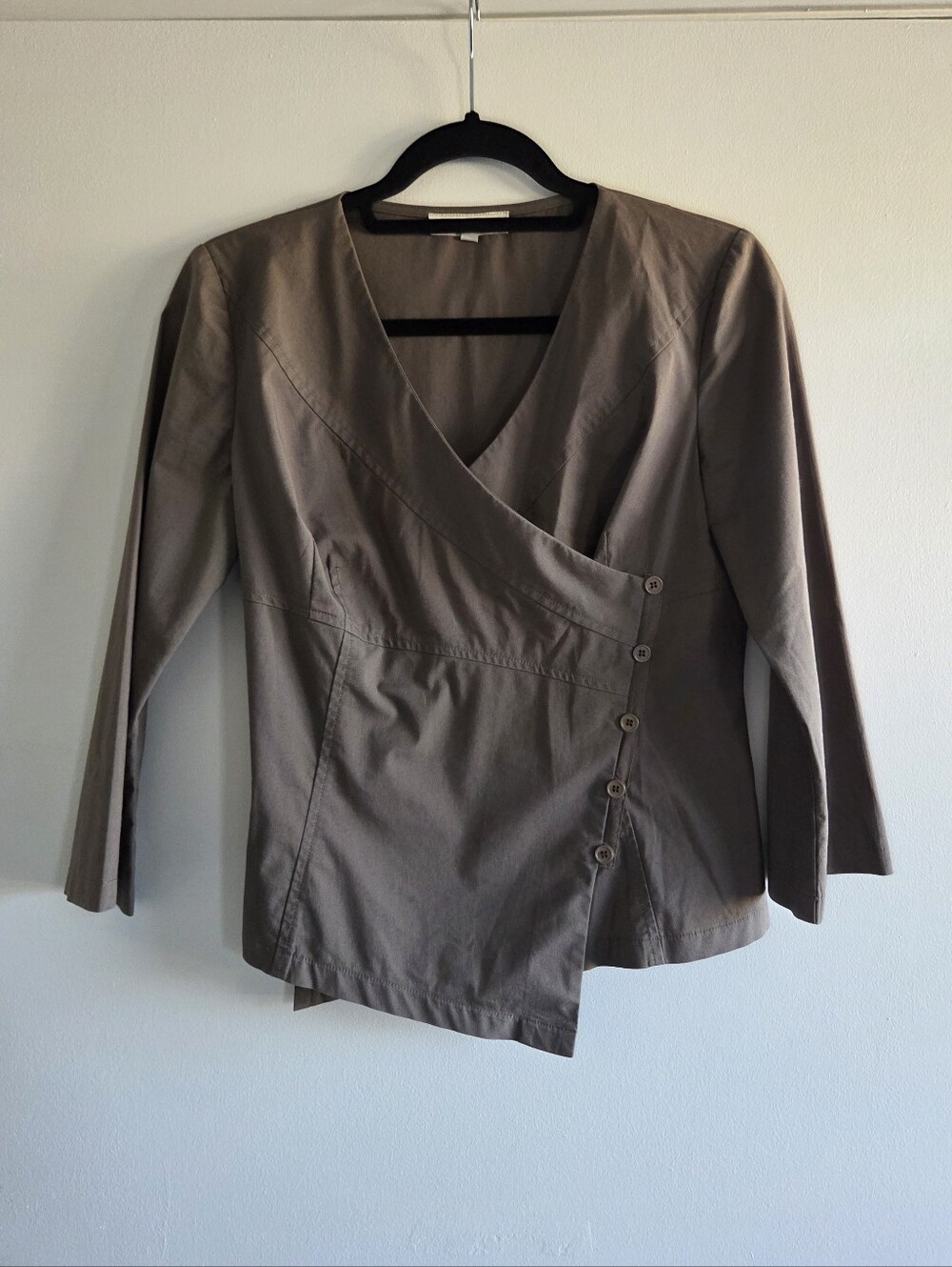 Veronika Maine Taupe Asymmetric Button-Front Blazer Contemporary Minimalist 10